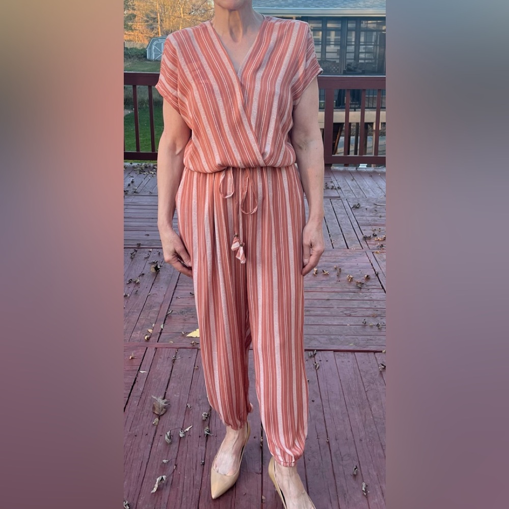 Dress Forum Los Angeles jumper, coral/cream vertical stripes, elastic ankles, S